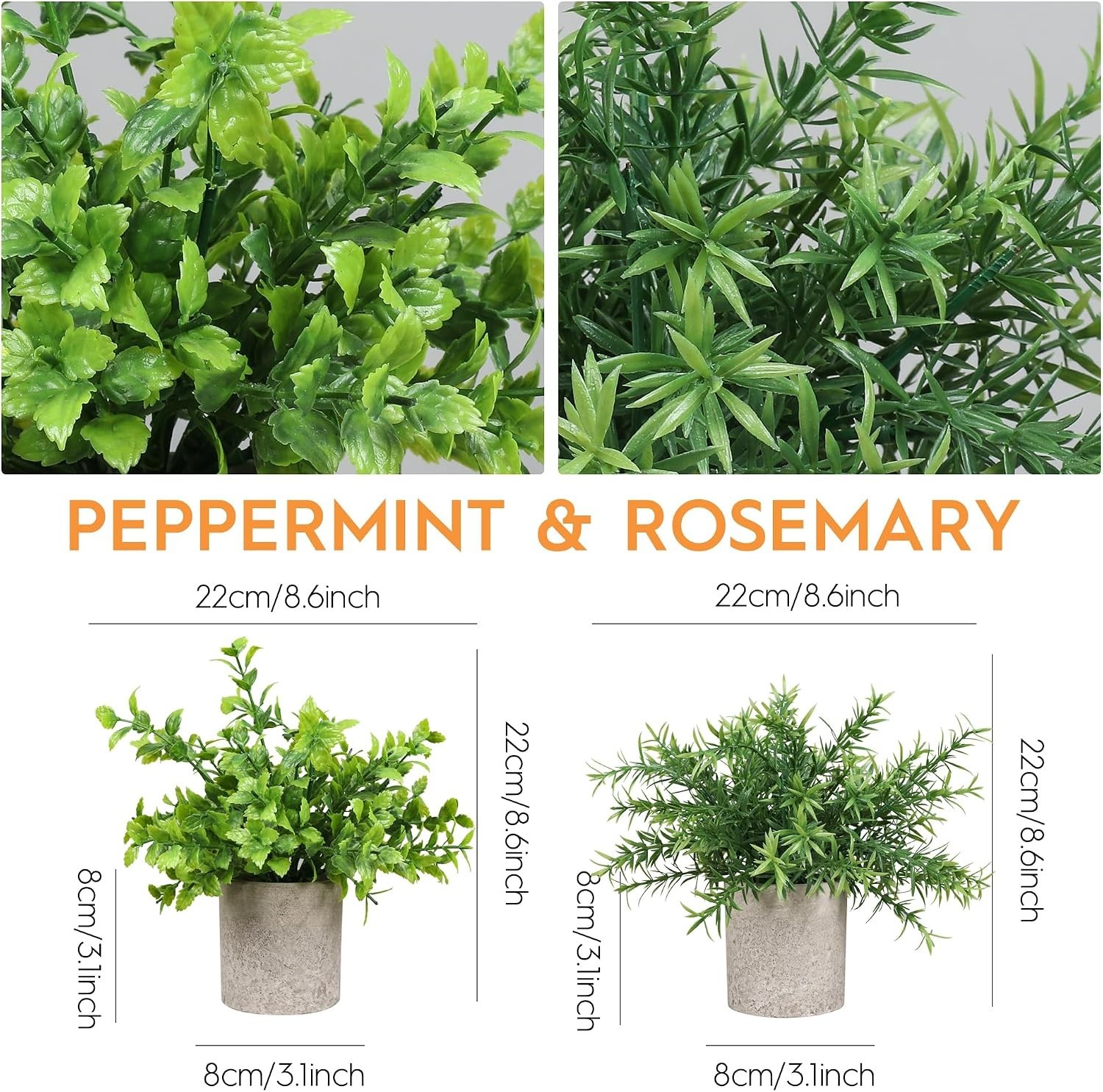 Memeaty Set of 5 Small Artificial Plants | Fake Rosemary Peppermint Succulents