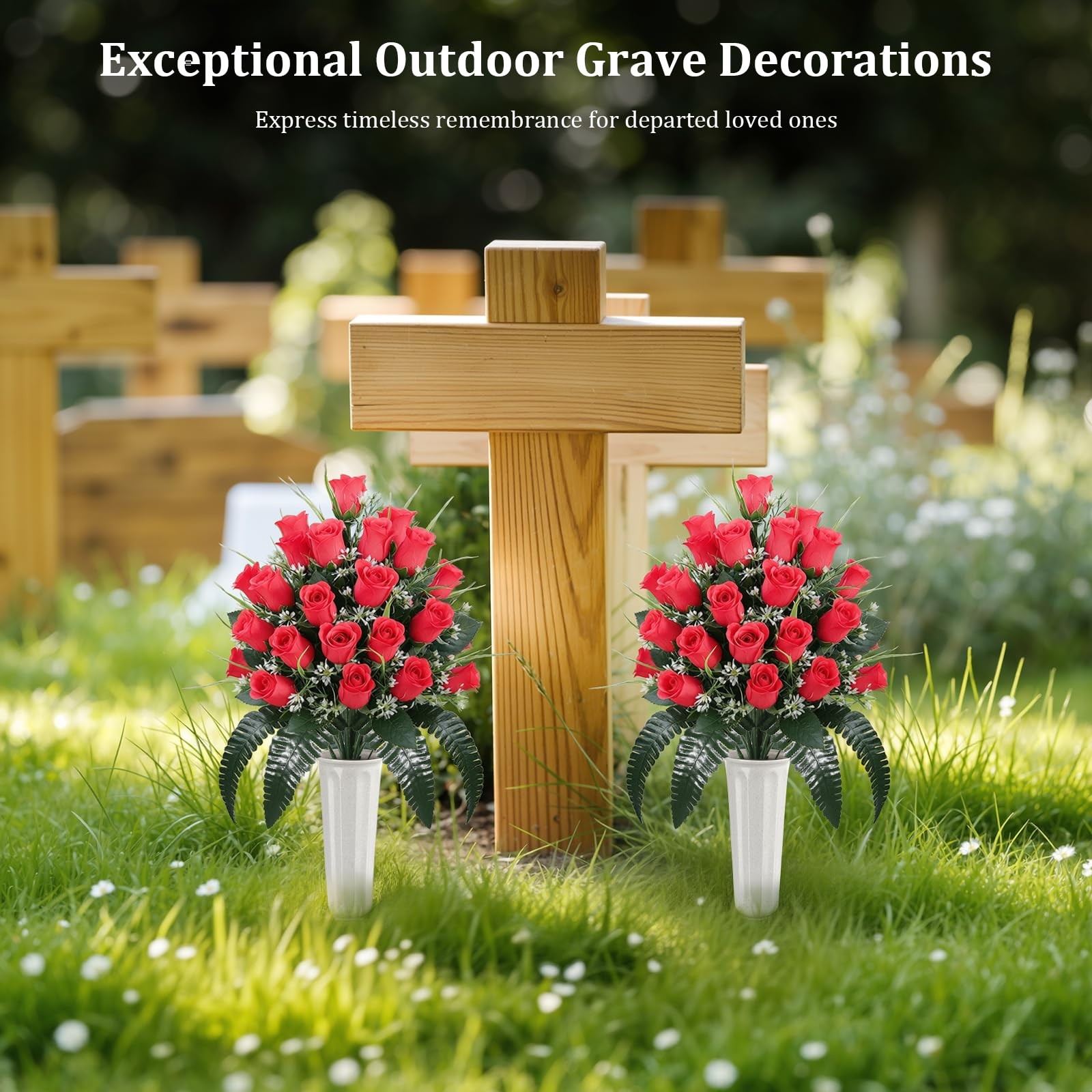 Lewondr Artificial Cemetery Flowers with Vase, 2 Sets Outdoor Grave Decoratio…
