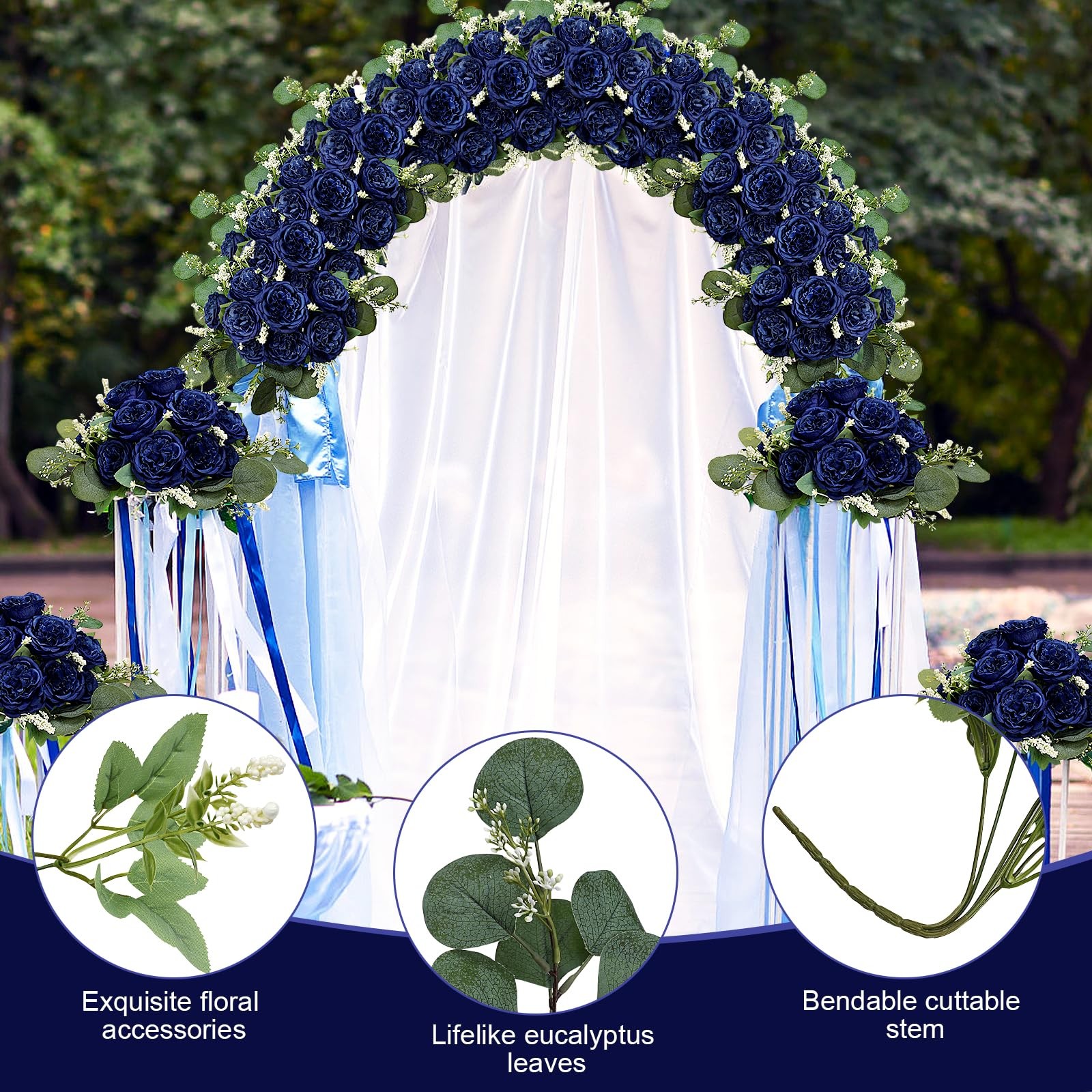 12 PCS Navy Blue Peonies Artificial Flowers Fake Silk Faux Eucalyptus Bouquet