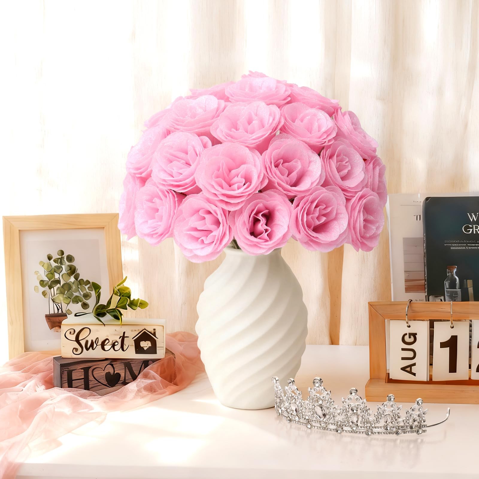 Glitter Roses Bouquet 24 Pink DIY Gift for Women Mom – Birthday Decor