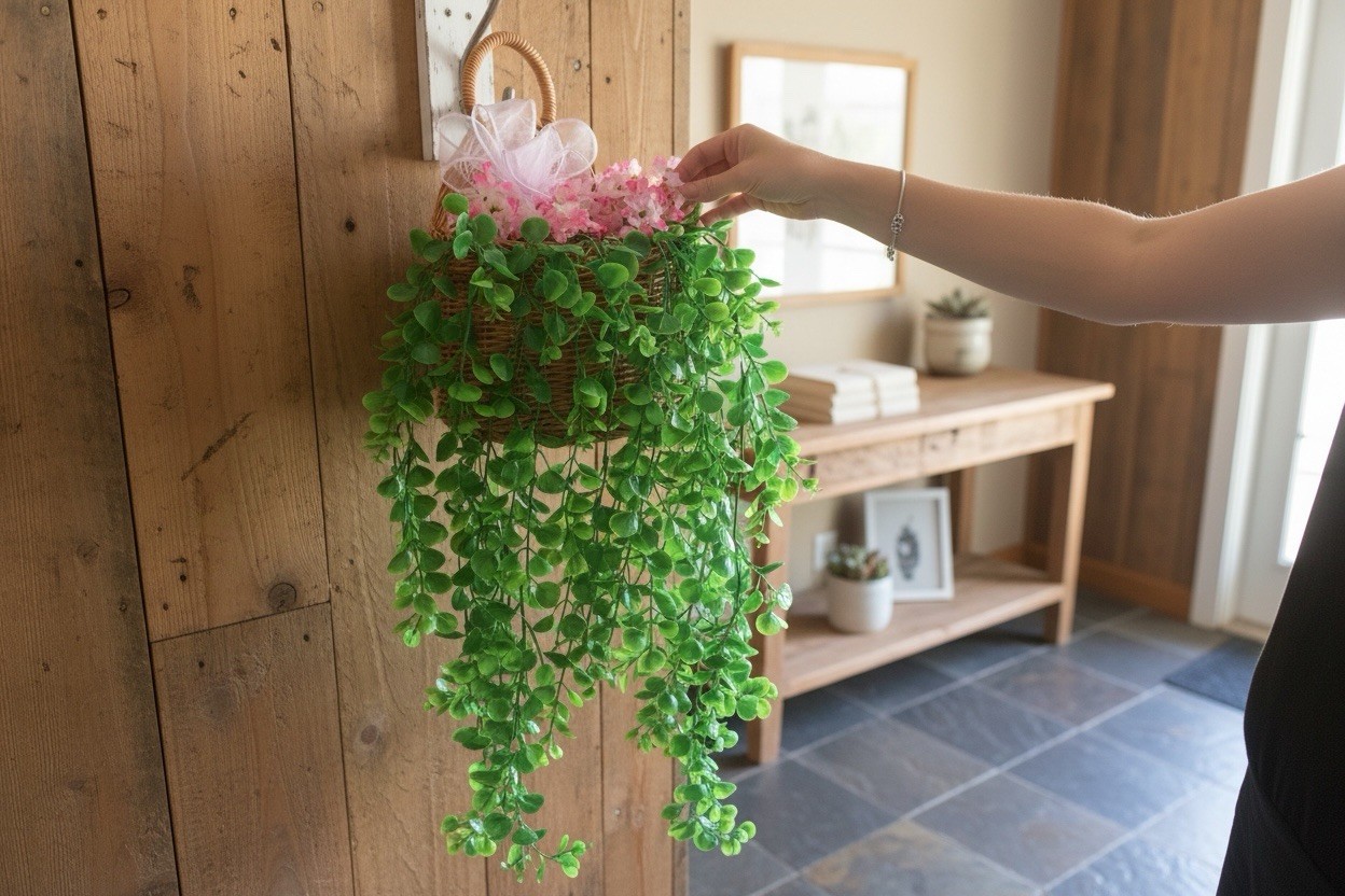 Artificial Ivy Hanging Arrangement with Green Pink Accents Wall Decor