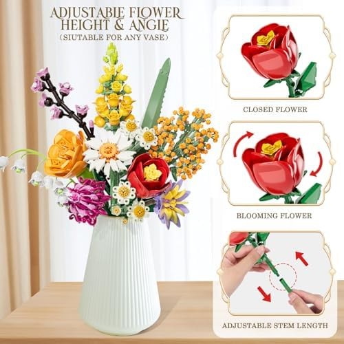 Flowers Bouquet Building Set, 1070PCS Artificial Plant Flower Kit Toy for Adu…