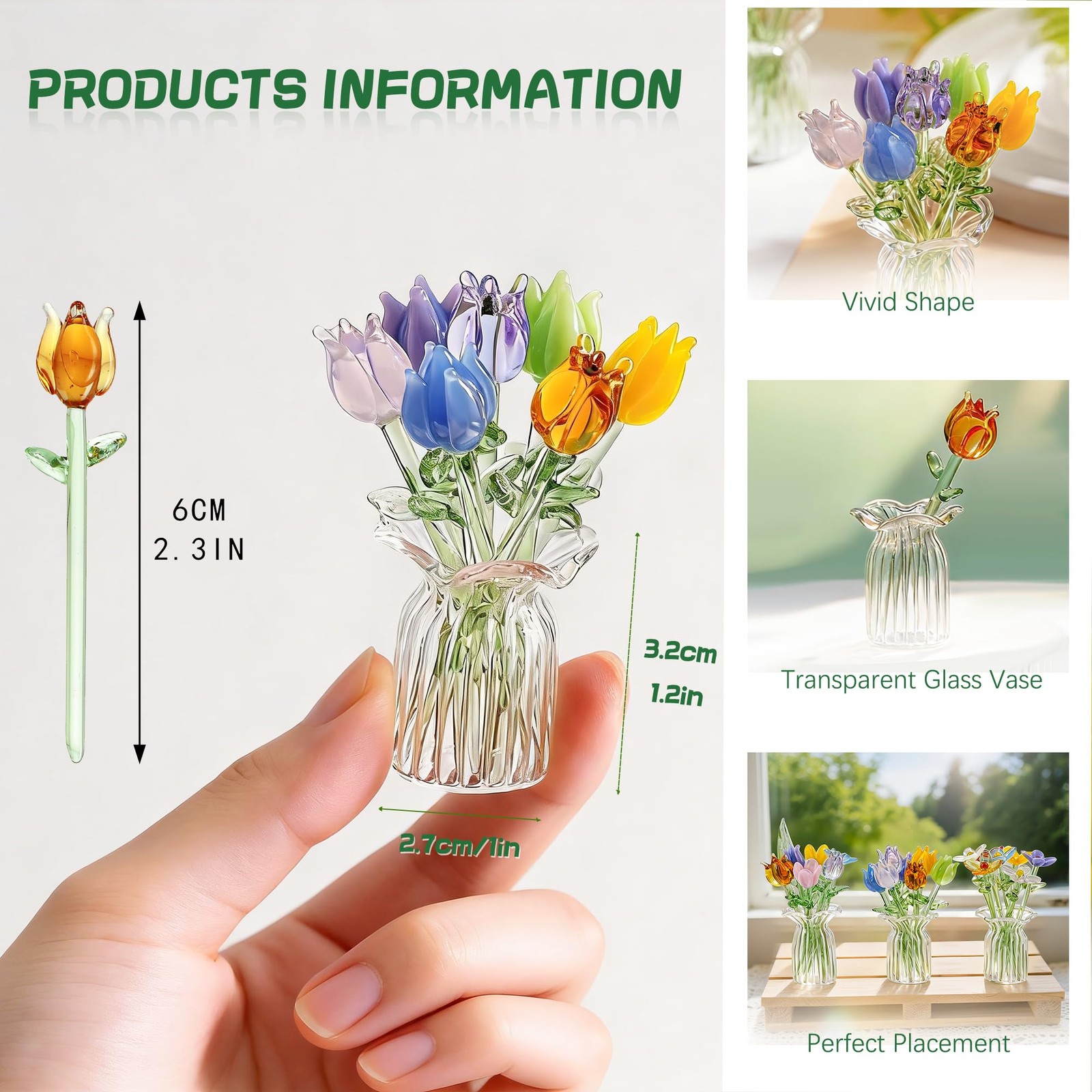 7 Pcs Mini Hand Blown Glass Tulip Artificial Flowers Vase for