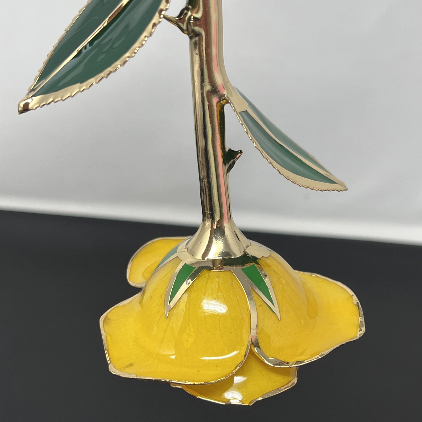 Handcrafted Preserved Yellow Rose Gloss Laquered With 24K Gold Plated Trimmed