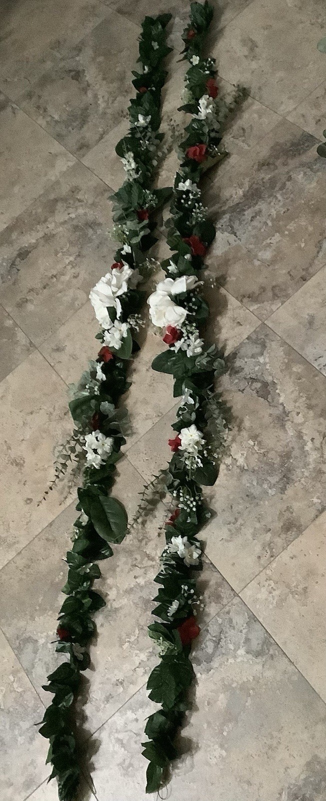 Artificial Rose & Eucalyptus Garland Faux Silk Plastic Green White Red 2 Pack