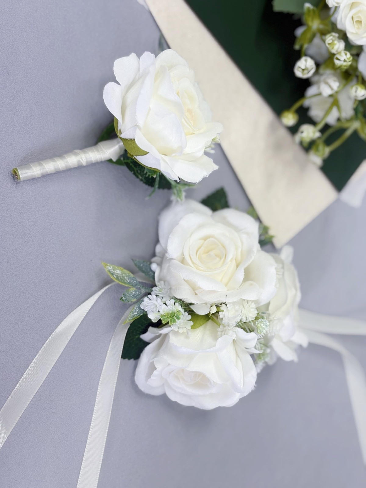 White Rose Corsage and Boutonniere Set with Green Leaves for Wedding Flower P…