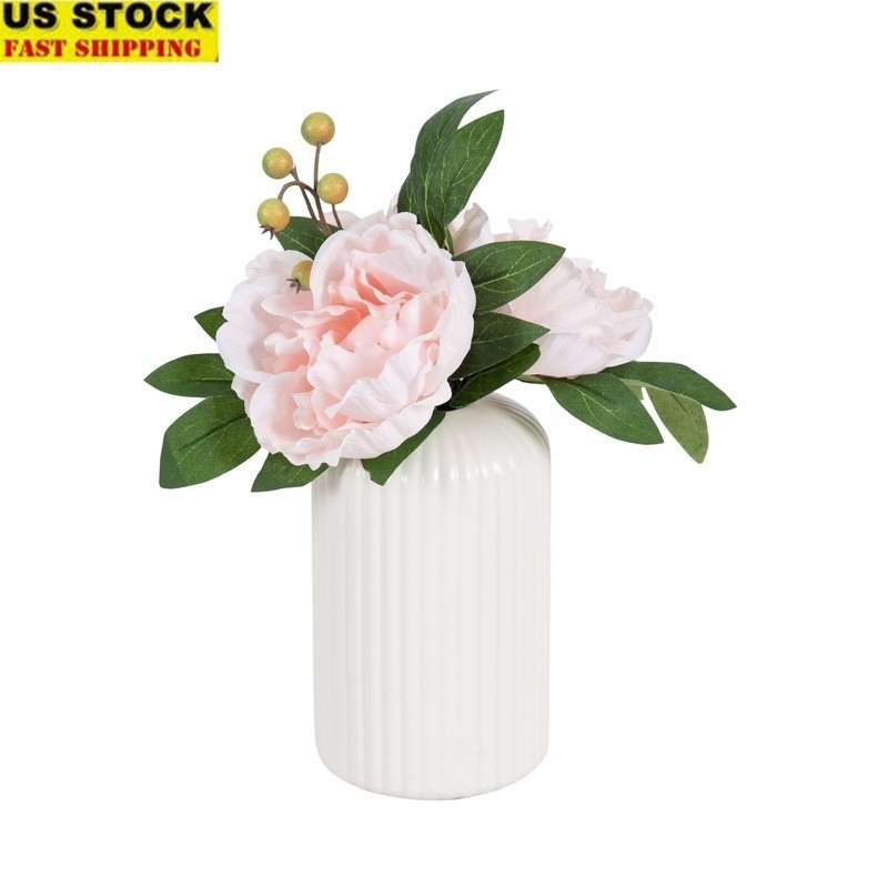 Lifelike Artificial Peony Floral Arrangement Ribbed Black Vase Home Decor Gift