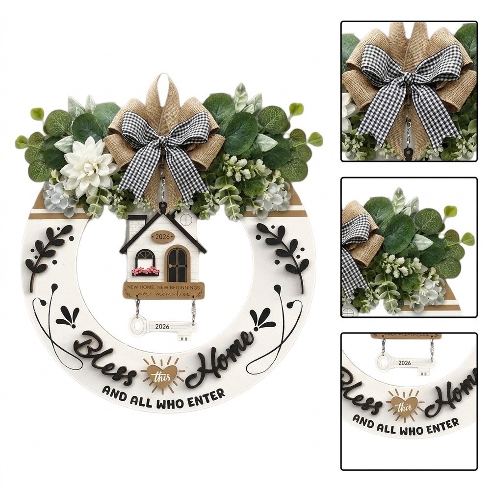 Farmhouse Wooden Welcome Wreath for Front Door Porch Decor 15 Inch Rustic