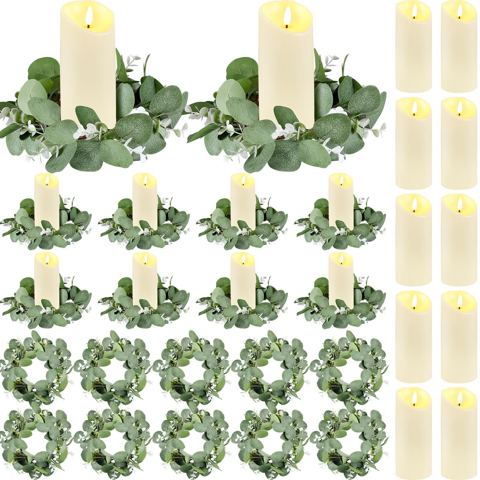 VIHOSE 20 Pcs Candle Rings Artificial Eucalyptus Leaves Wreaths with Flameles…
