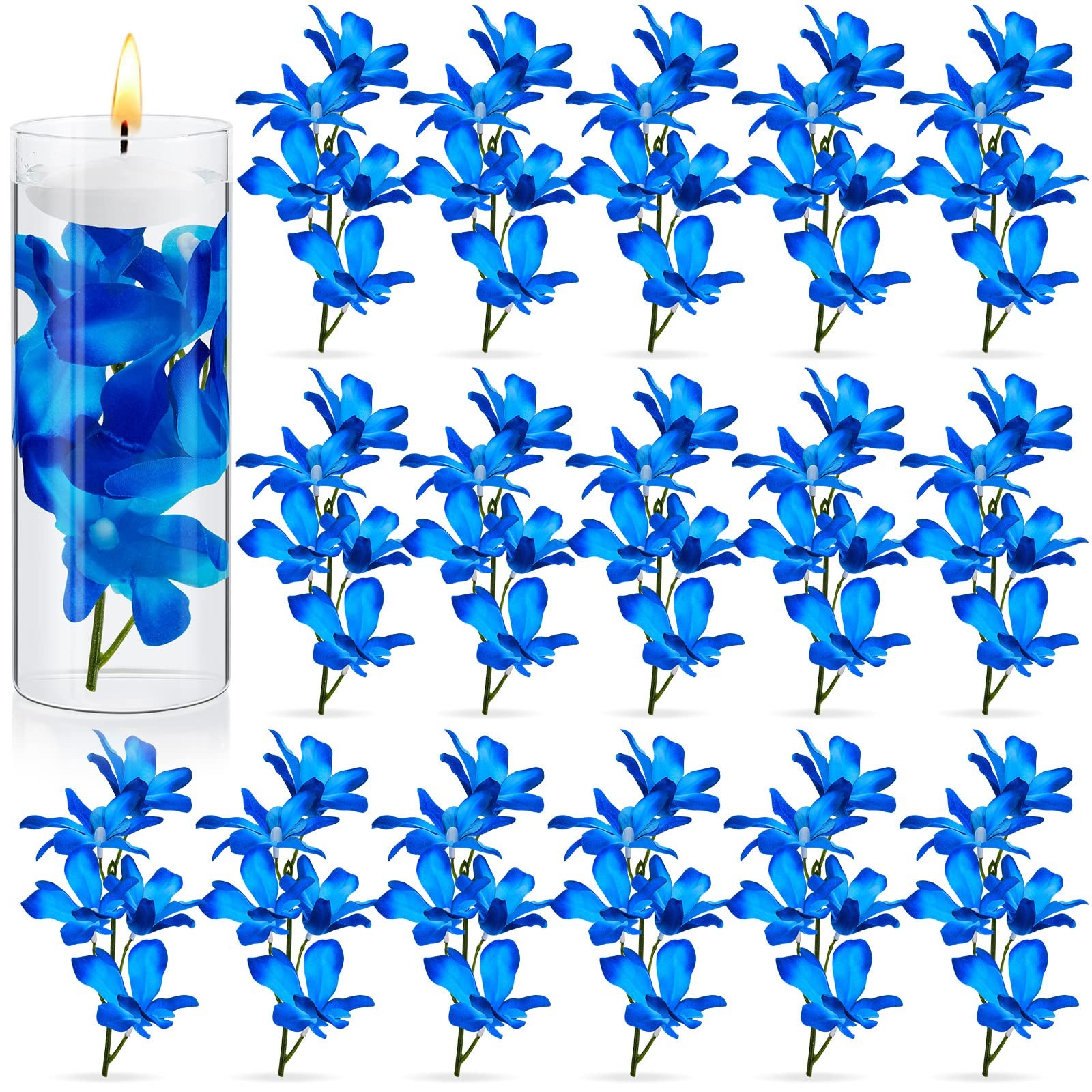 24 PCS Orchid Faux Flowers Floating Candles Centerpiece Vase Sky Blue New