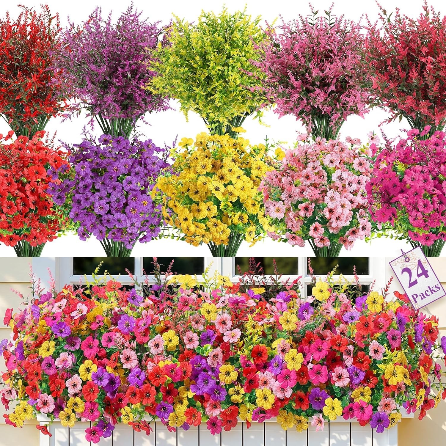 24 Bundles Artificial Fake Flowers, Faux Outdoor Plastic Plants UV Resistant …