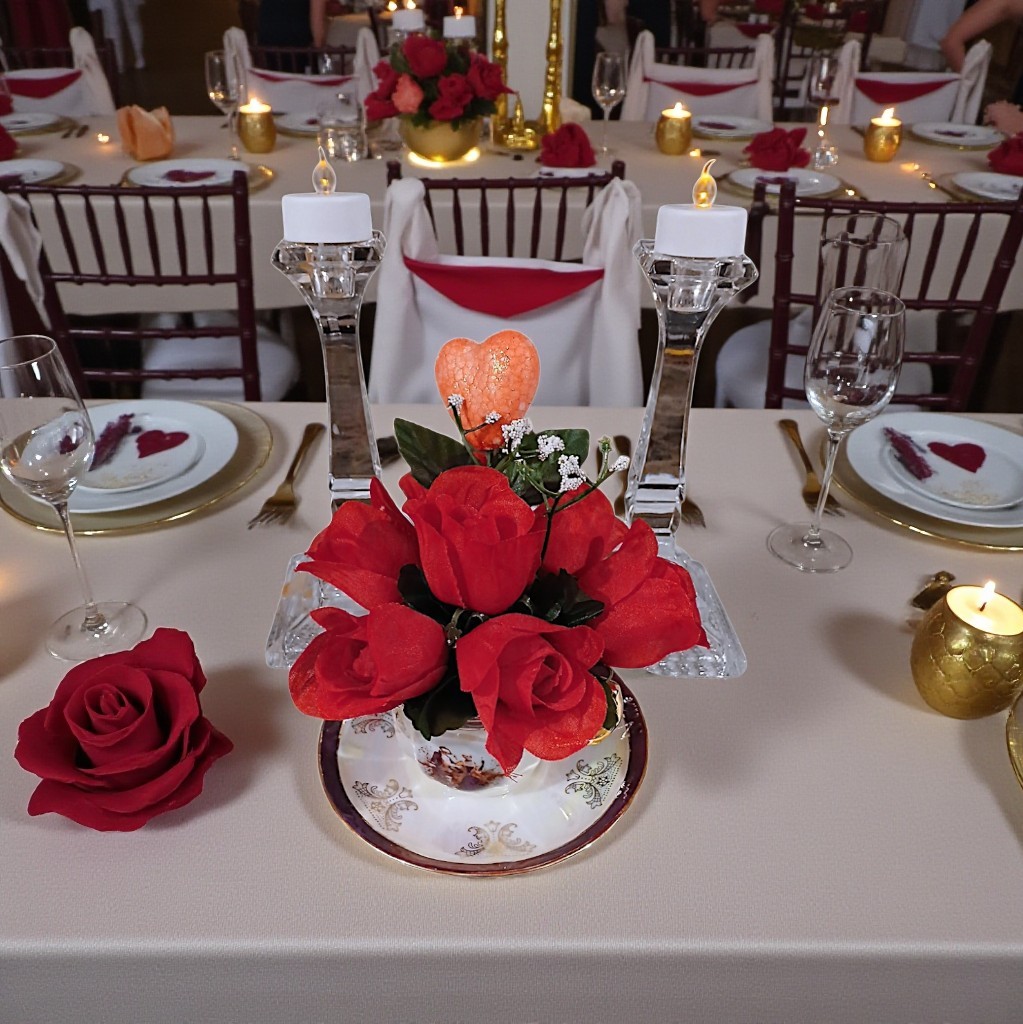 Red Rose Floral Arrangement Tea Cup POP-IN Sparkle Heart Bridal Valentine Love