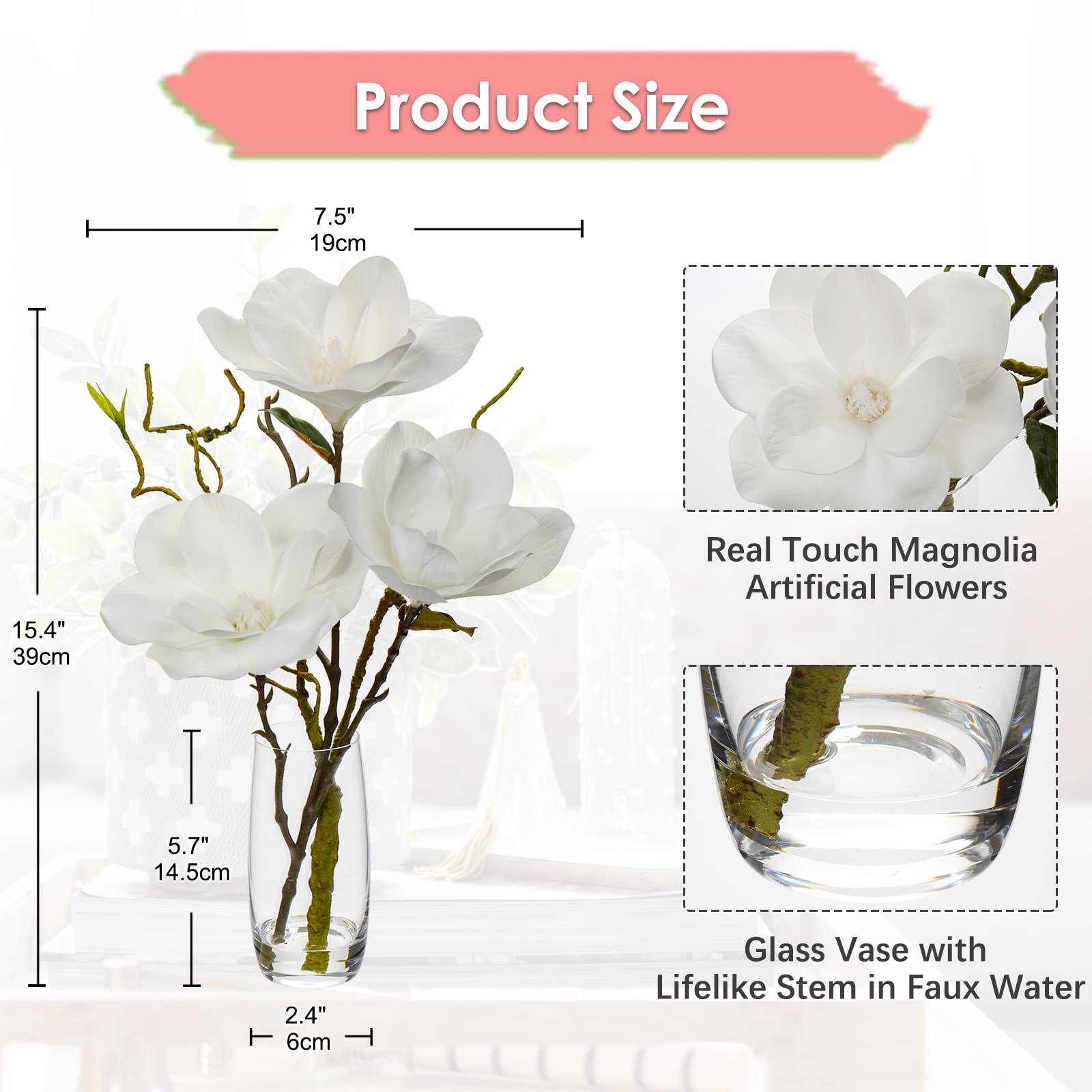 Faux Flowers in Vase 15.4 Inch Magnolias Arrangement Real Touch Wedding