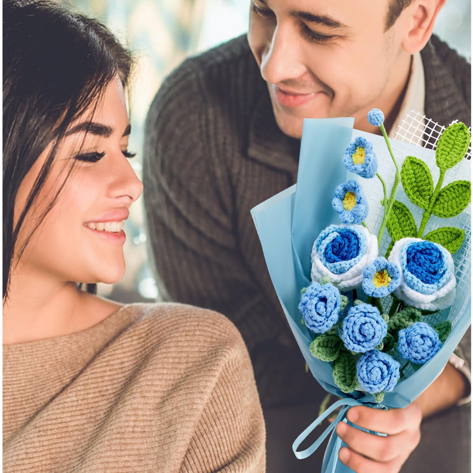 Crochet Flower Bouquet Blue Roses and Lily of the Valley Bouquet for Her, Han…
