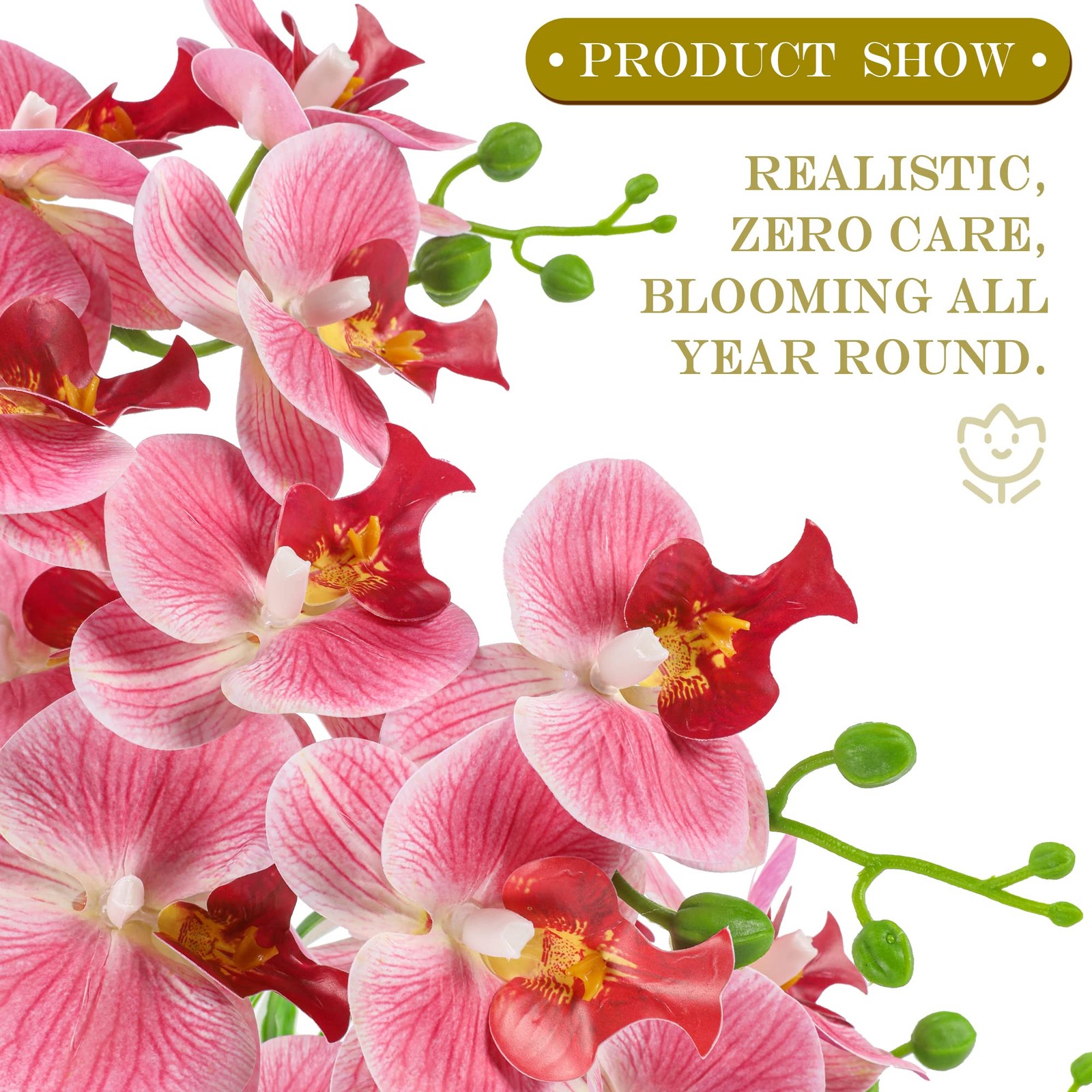 Artificial Pink Orchids Fake Flowers In Gold Vase Pot Home Decor Indoor Floral