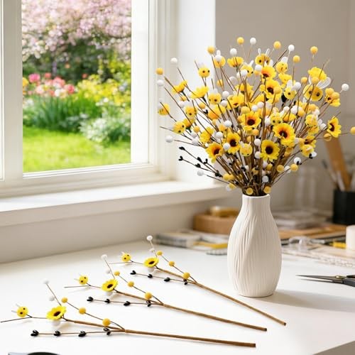 24Pcs Bee Artificial Branches with Sunflowers, Rustic Farmhouse Yellow Brown