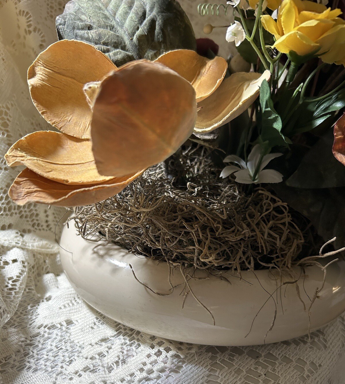 Exotic Artificial Floral Arrangement In A Porcelain Dish Made In Portugal