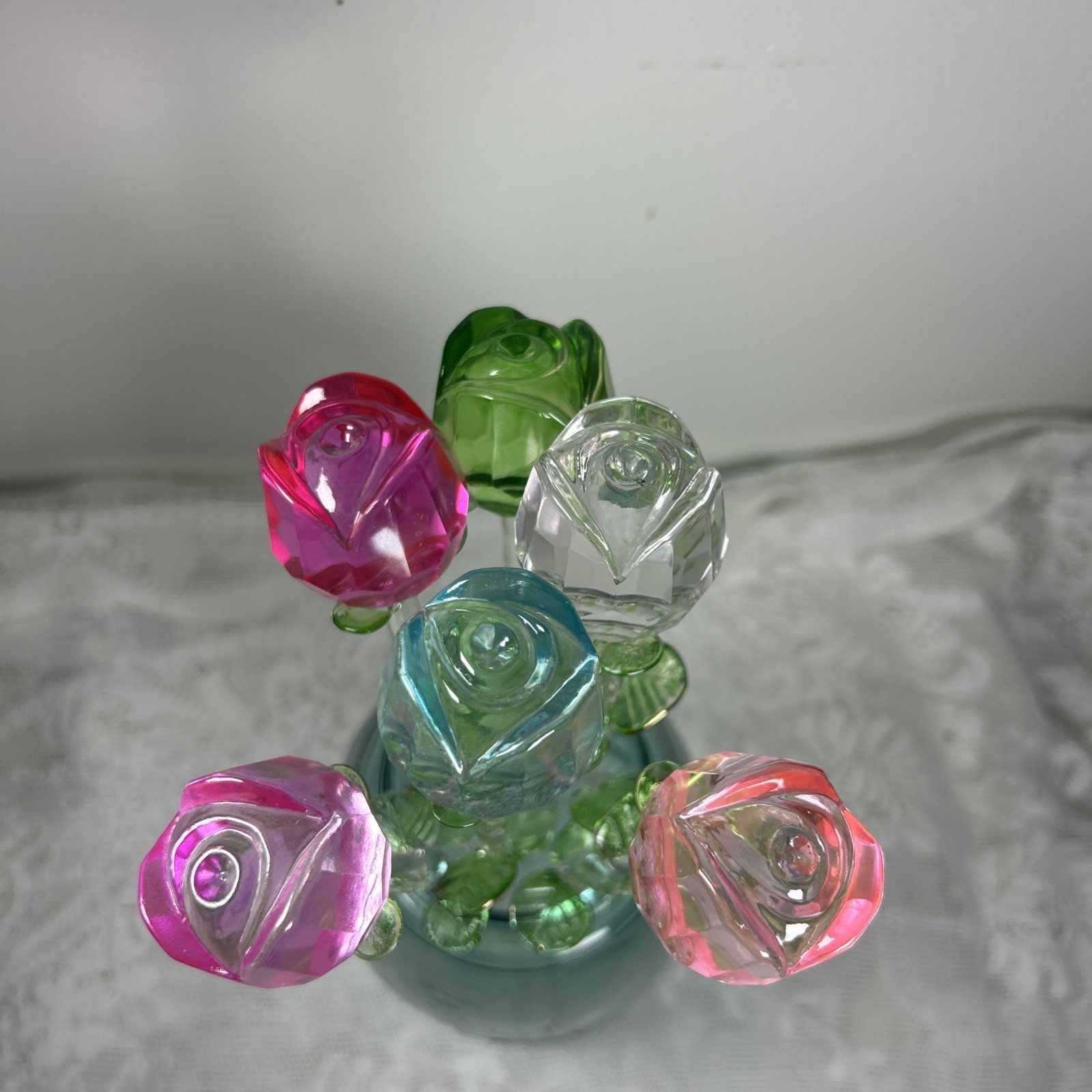 Lot 6 Crystal Glass Red Rose Clear Green Stem 13”(Mason Jar Not Included)