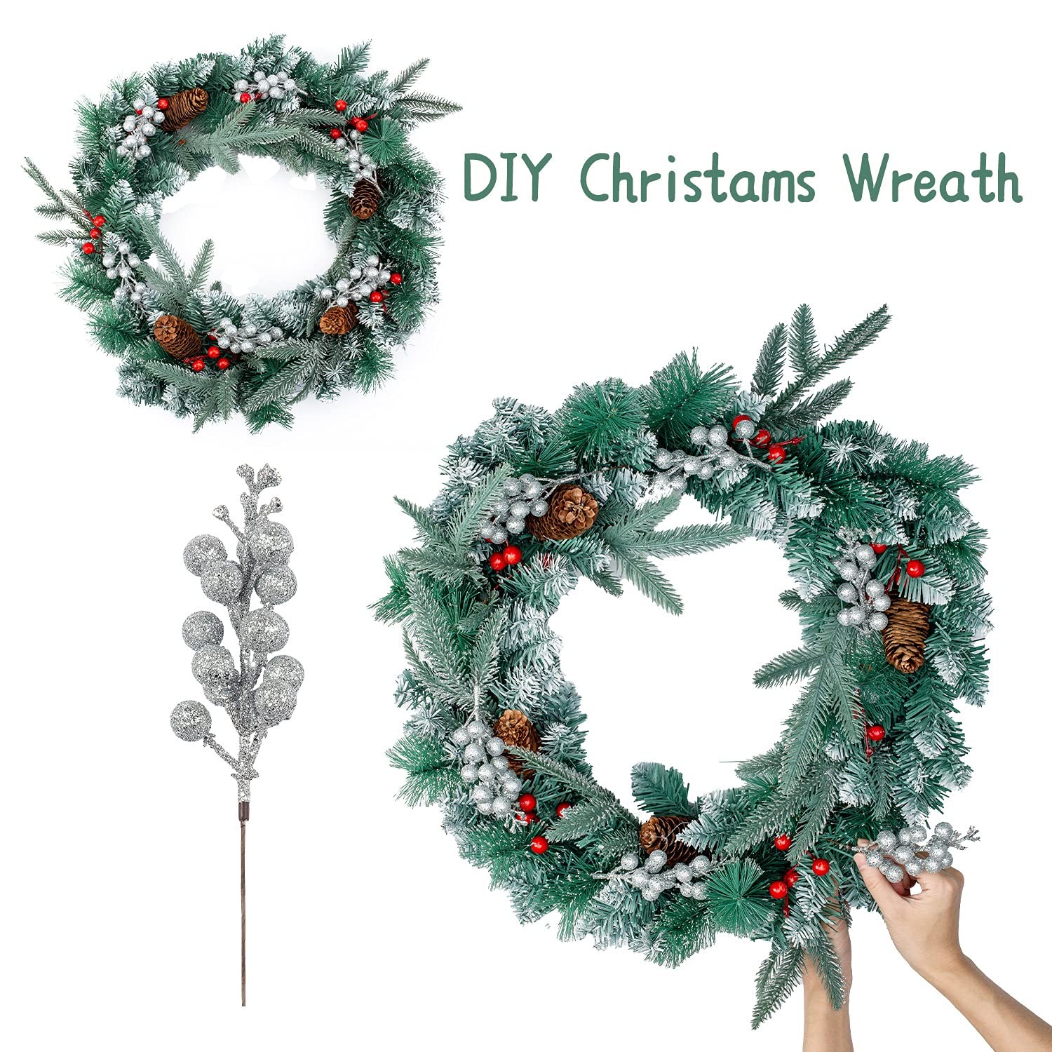 24 Pack Silver Christmas Glitter Berries Stems Artificial Christmas Tree Pick…
