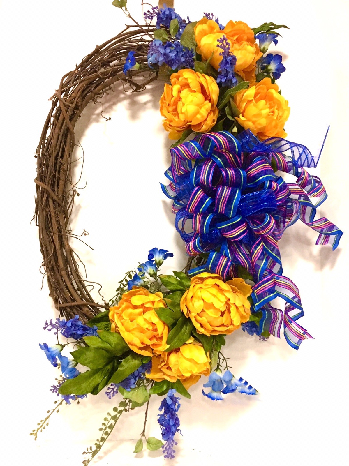 Spring Summer All Season OVAL Floral Wreath Blue Gold Yellow Indoor Outdoor 24”