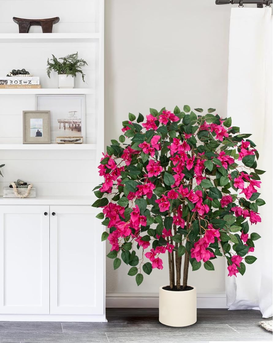 3.94ft Artificial Bougainvillea Tree in White Pot, Hot Pink Large Silk Flower…