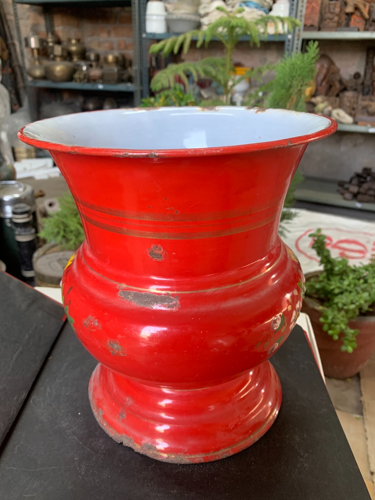 Vintage Hand Crafted Red Color Enamel Floral Leaf Design Painted Flower Vase Pot