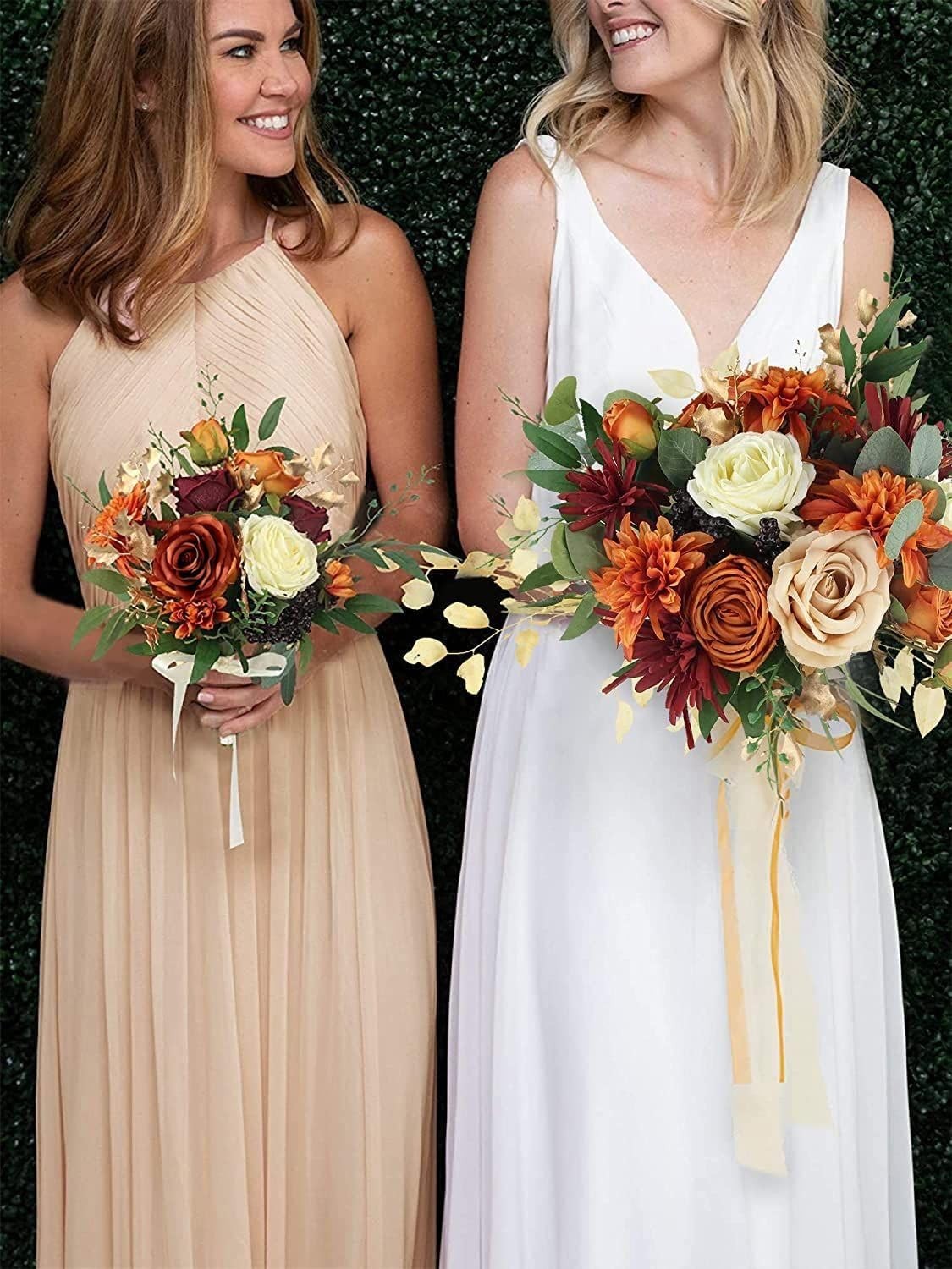12 PCS Artificial Silk Roses for Home Wedding Decor, Brown and Orange Flowers
