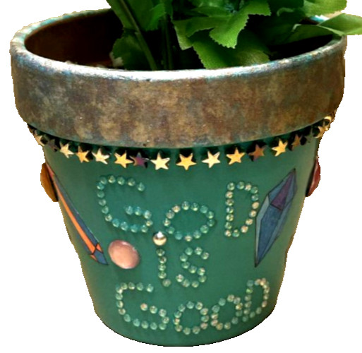 Flower pot “God is Good” blue/silver/ 1 of a kind handmade beautiful Flower pot