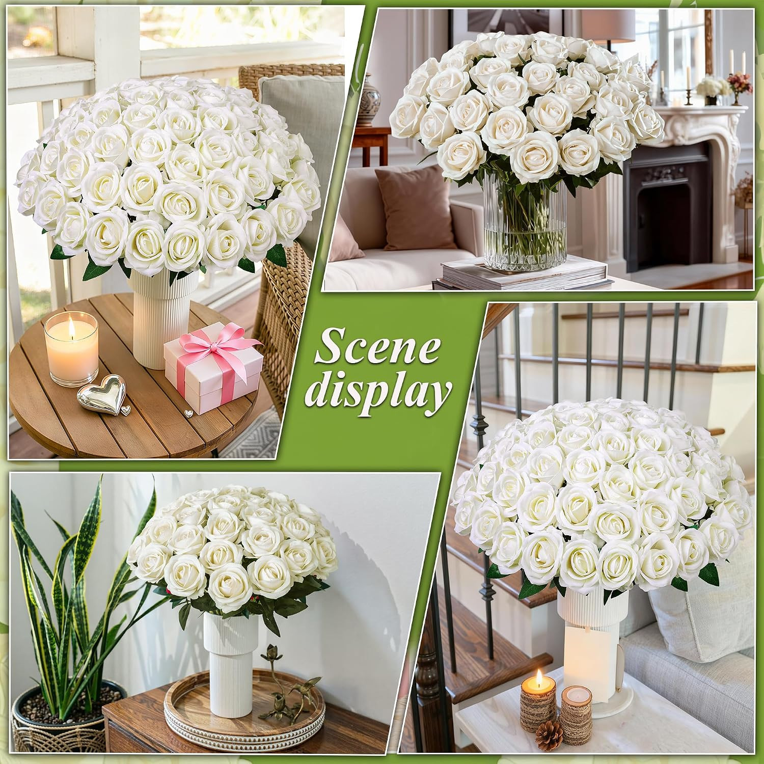 50 PCS Ivory Roses Artificial Flowers, Fake Roses with Stem Realistic Silk Roses