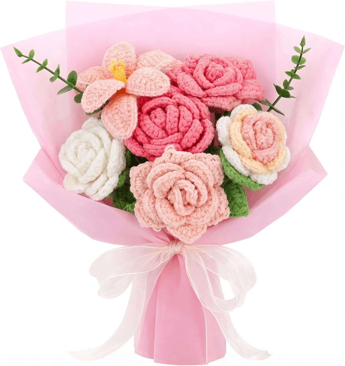 Youeon Pink Crochet Flower Bouquet, Handmade Knitted Yarn Rose Flowers with Gift