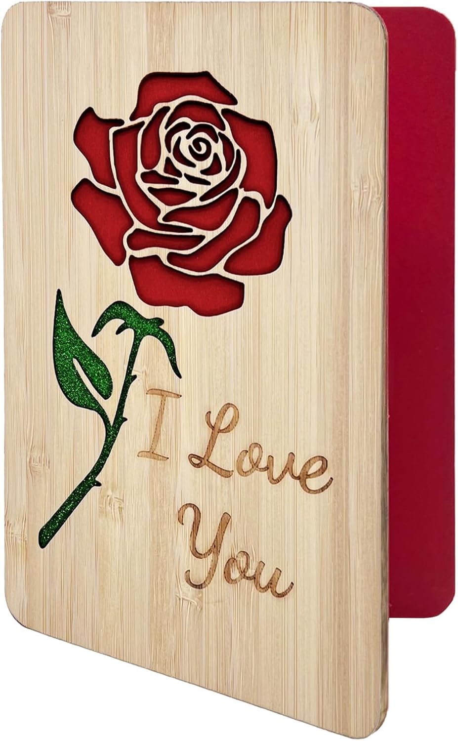 Wooden Valentine Card with Envelope for Her,Him,Romantic “I Love You” Rose C