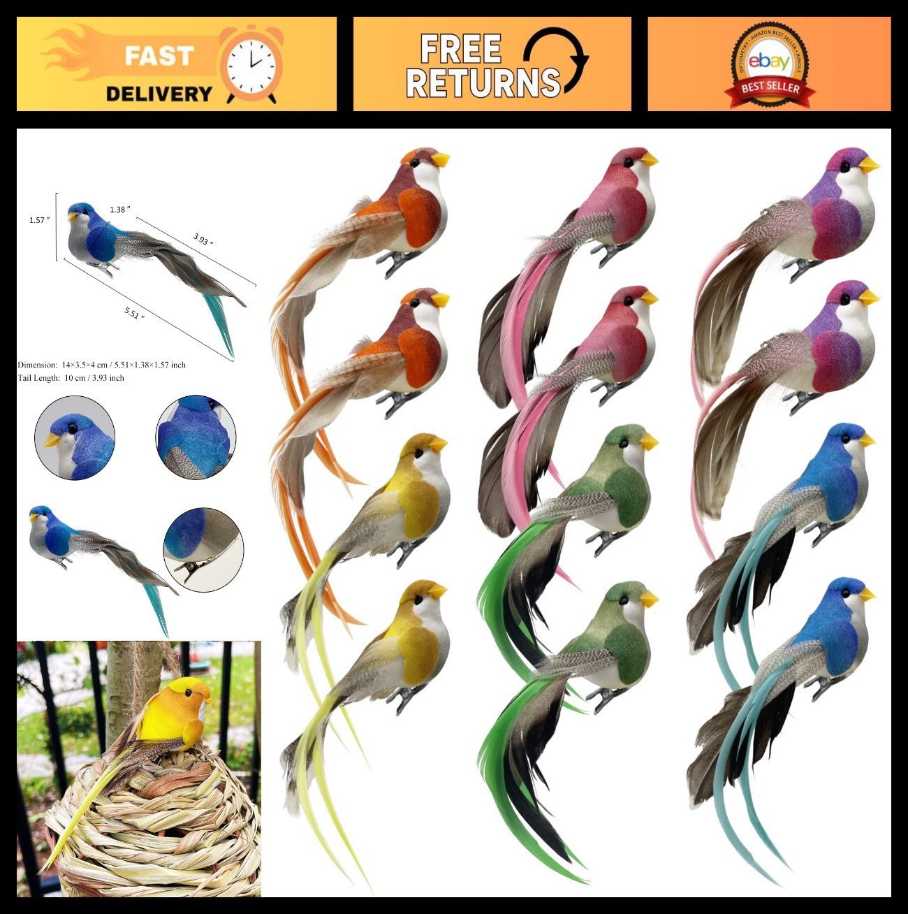 12pcs Clip-On Artificial Foam Birds – Long Tail Feather Decor for Crafts, Home,