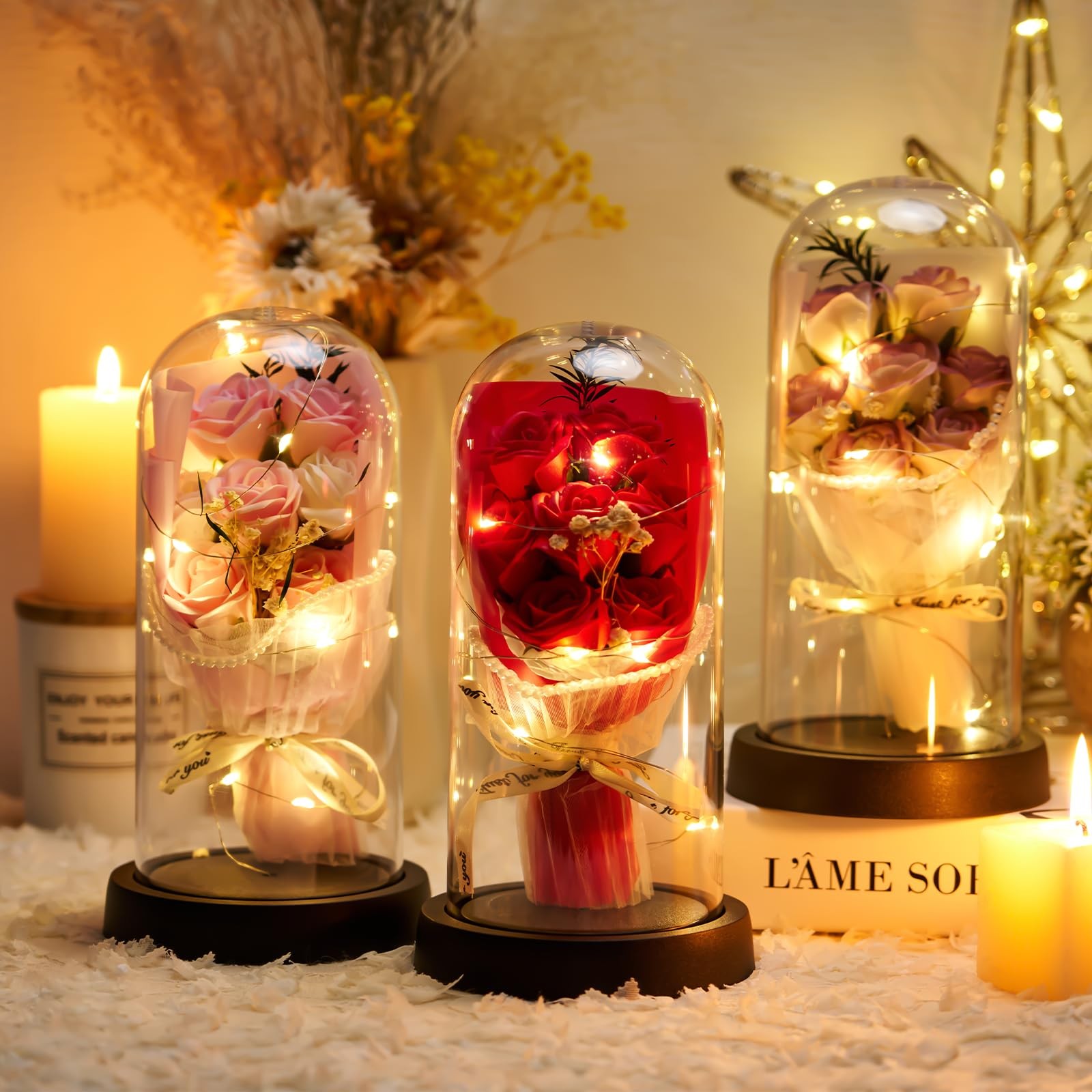 Forever Rose Light Up Preserved Red Rose in Glass Dome, Artificial Flower Gif…