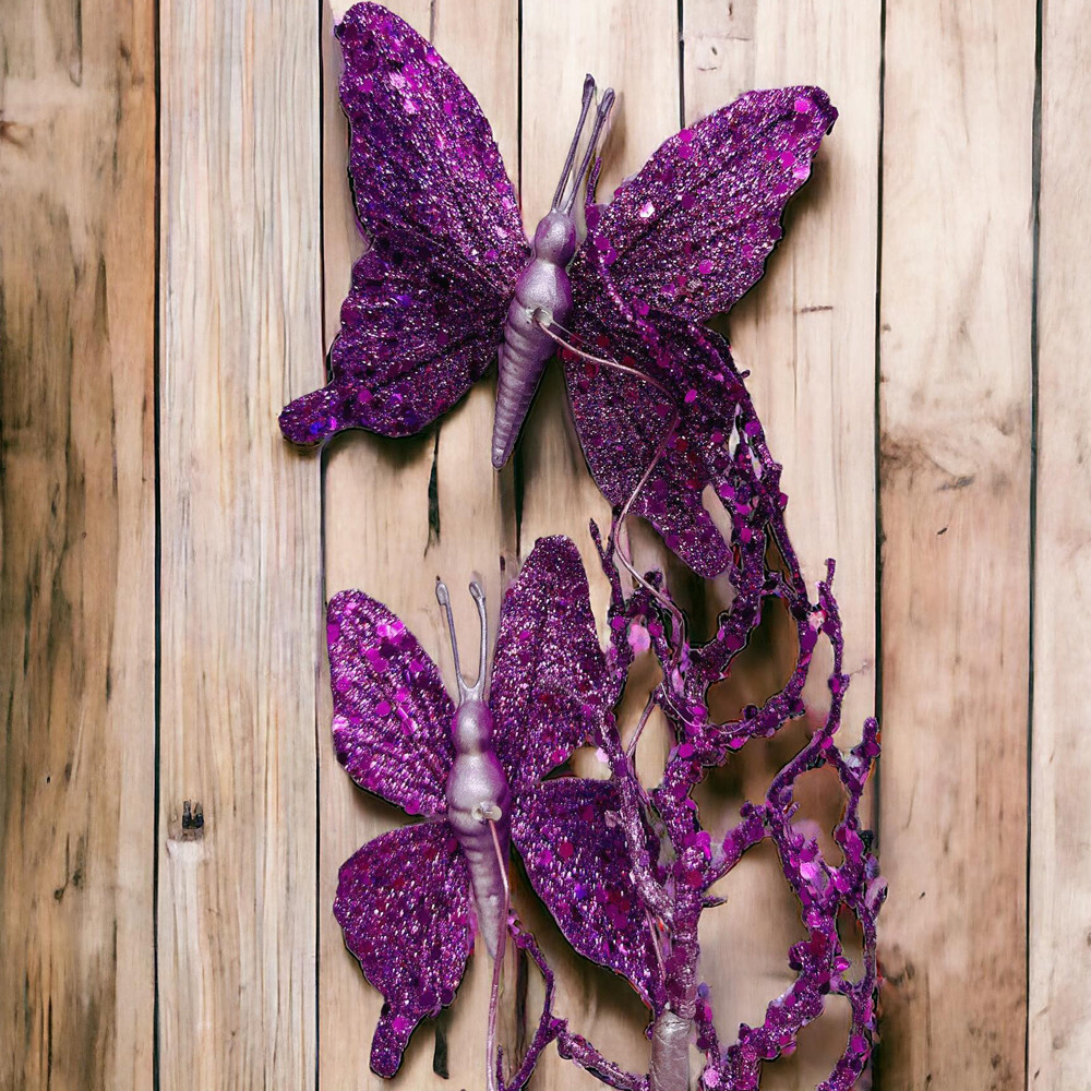 Glitter Twig With 2 Butterflies Dead Twig Branch Window Outdoor Indoor Decor 31″