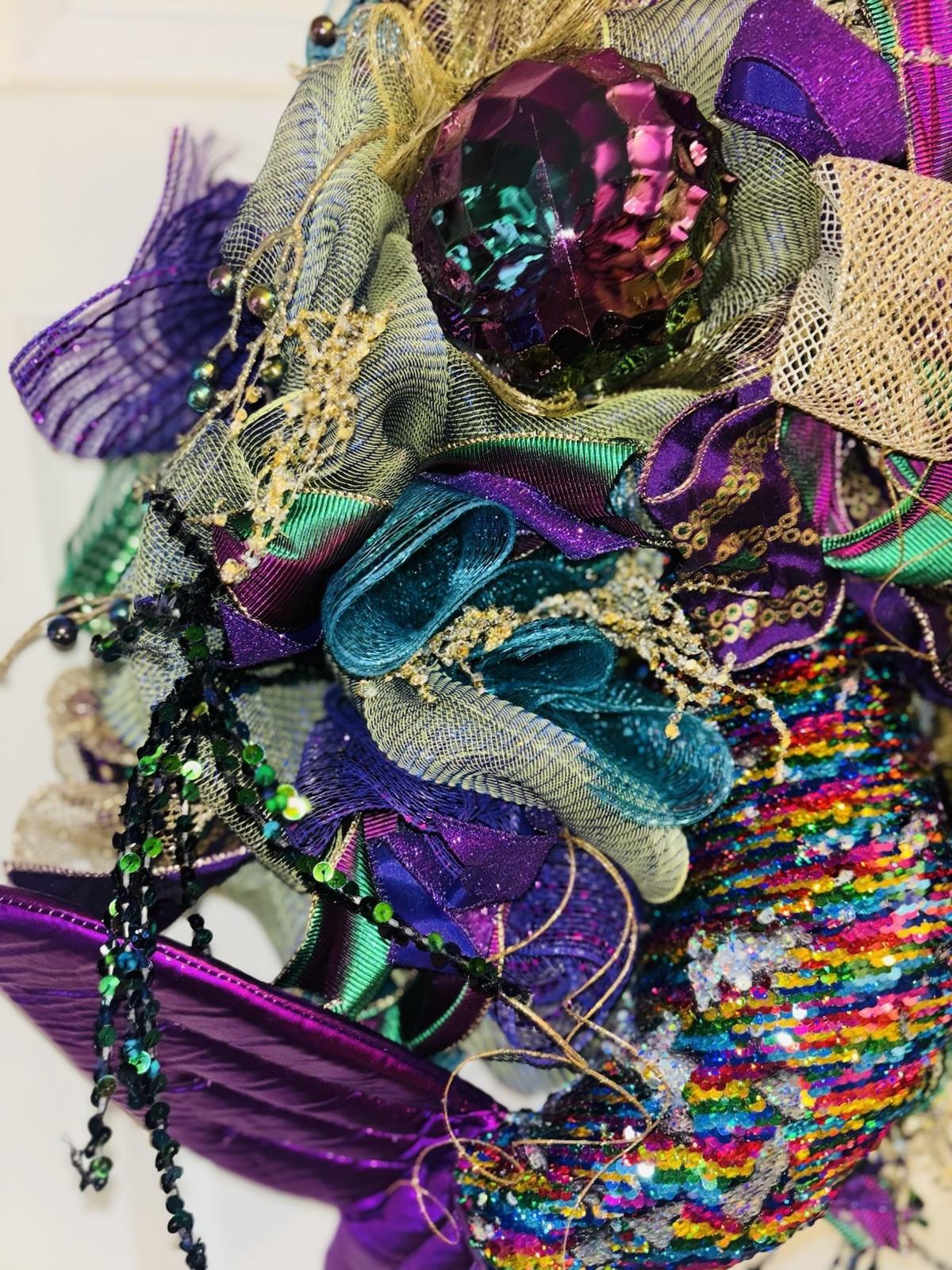 Mardi Gras Wreath Extra Large With Mermaid Tail and Fleur De Lis Handmade Deco