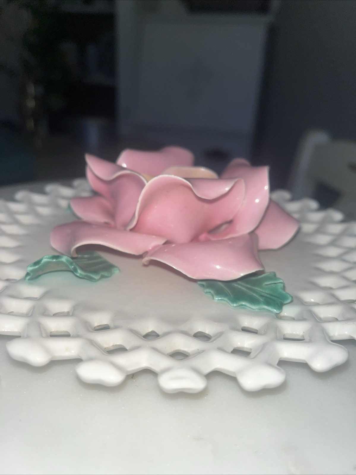 Capodimonte Porcelain Rose on Lattice Plate 8” Wall Decor Made in California USA