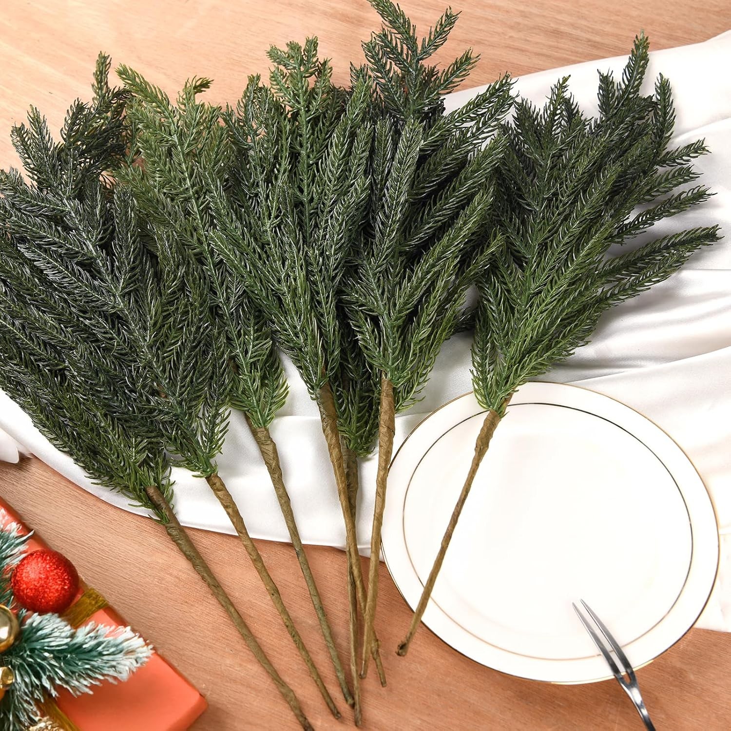 10PCS Christmas Norfolk Pine Stems, Real Touch 15 Inch Artificial Green