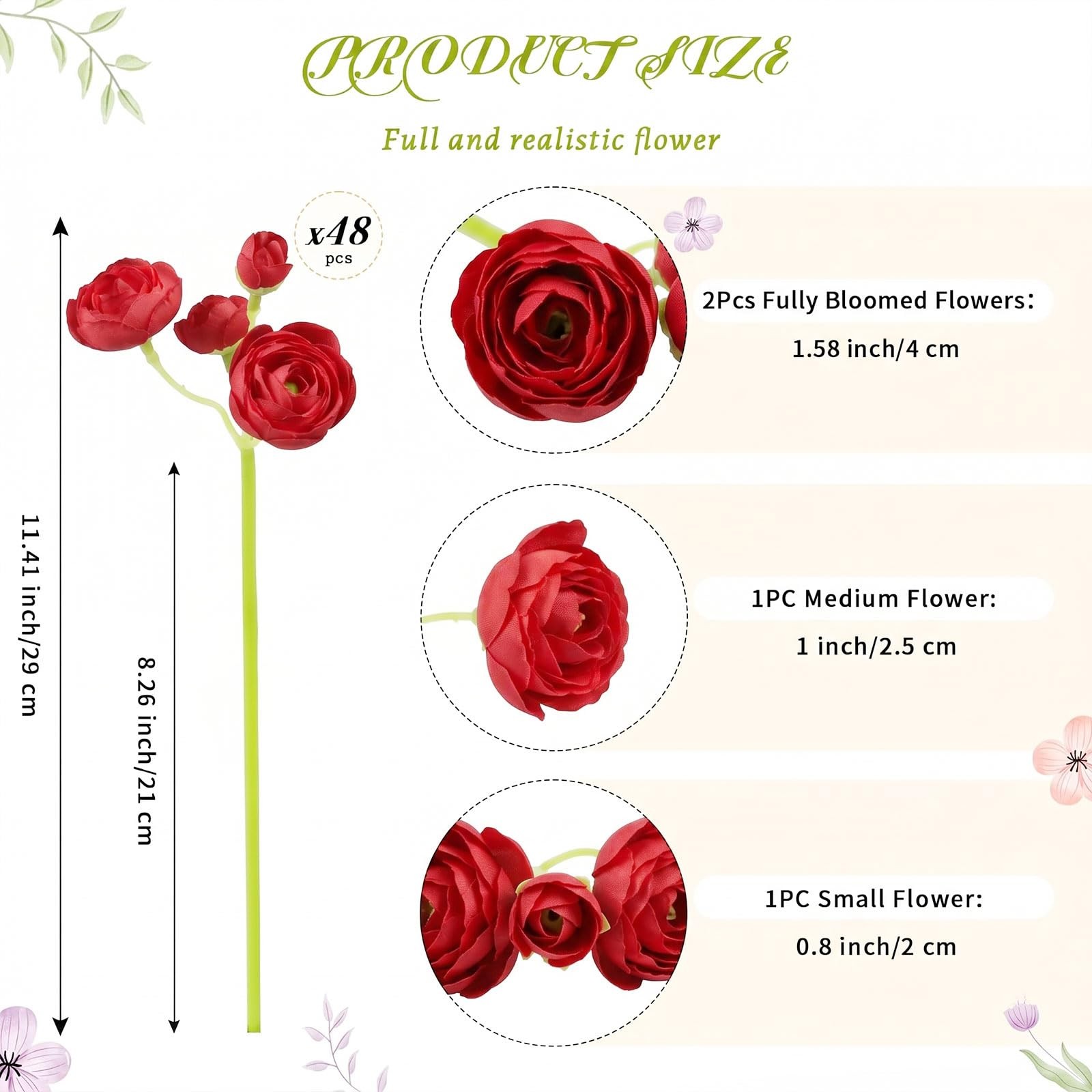 48 Pcs Ranunculus Artificial Flower,Red Faux Silk Mini Ranunculus Flowers Bul…