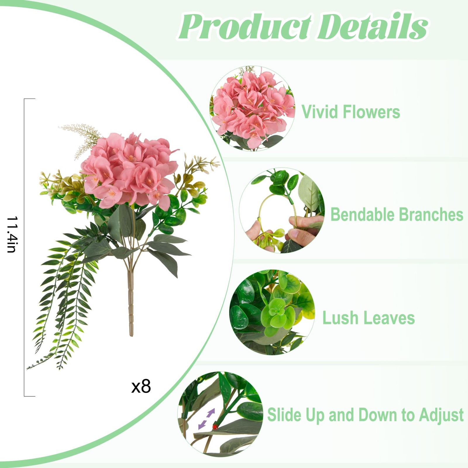 8 Pcs Artificial Hydrangea Flowers Silk Champagne Fake Flower with Eucalyptus…