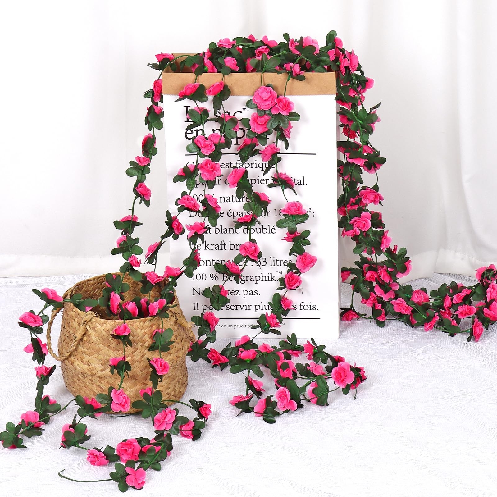 9 Pack 72 FT Artificial Flower Garland, Pink Roses Vines Silk Flowers Faux Pl…