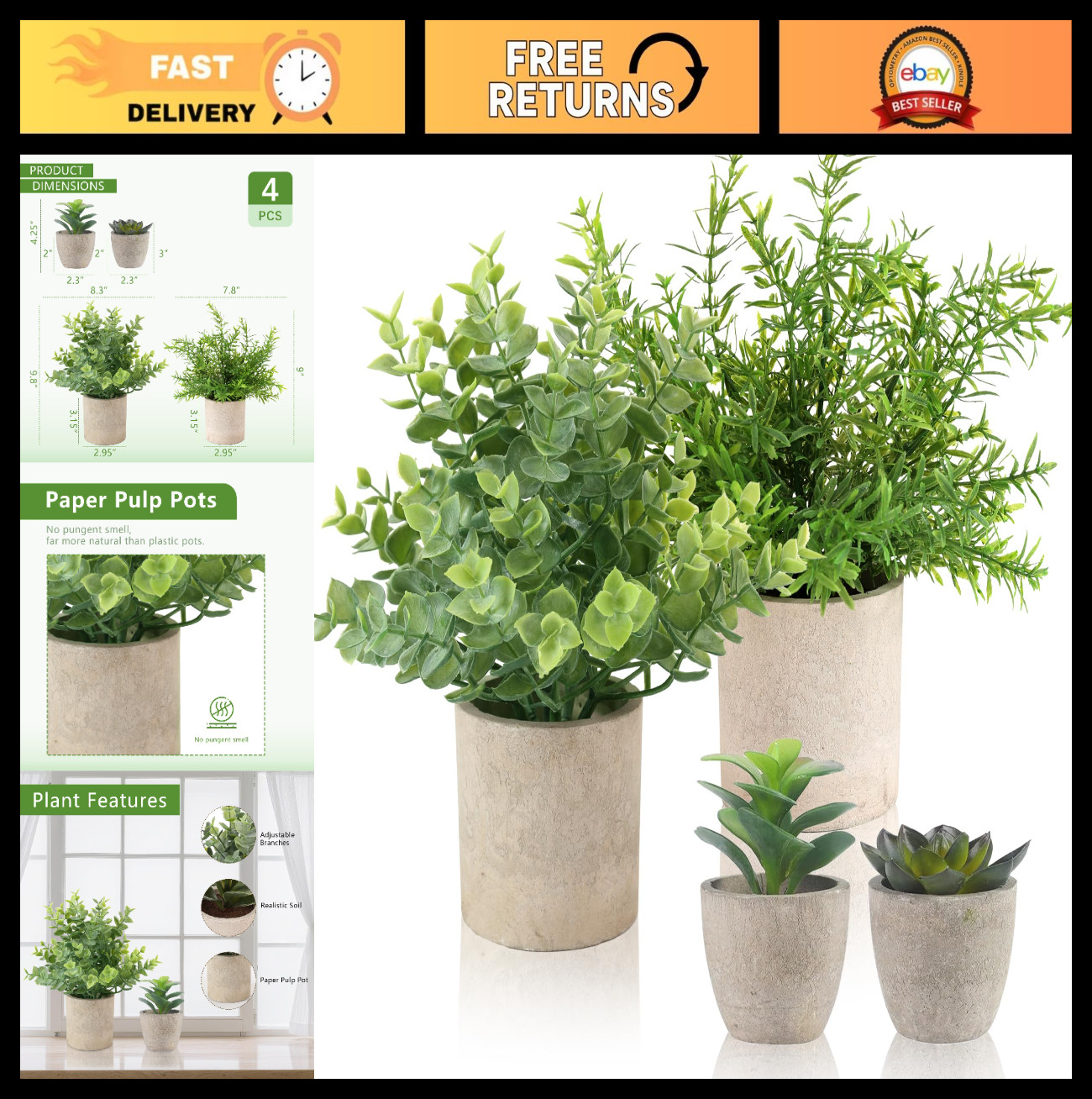 4 Pack Small Fake Plants – 10″ Artificial Eucalyptus, Rosemary, Succulents – Fau