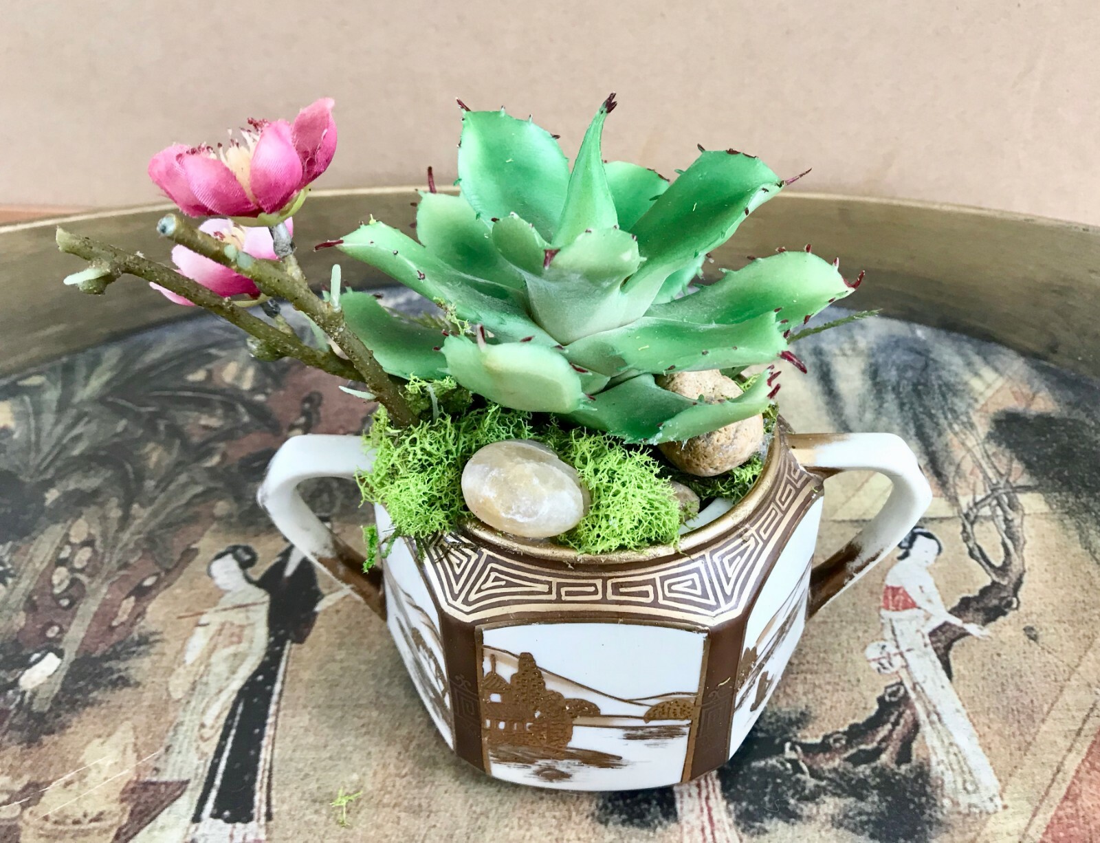 Antique Noritake Nippon Sugar Bowl Planter with Green Cactus and Purple Cherry B