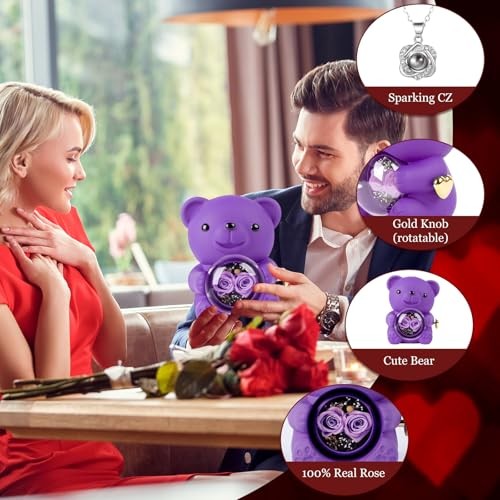 Romantic Rose Bear Teddy with Preserved Rose, Rose Bear Gift Box Set Purple