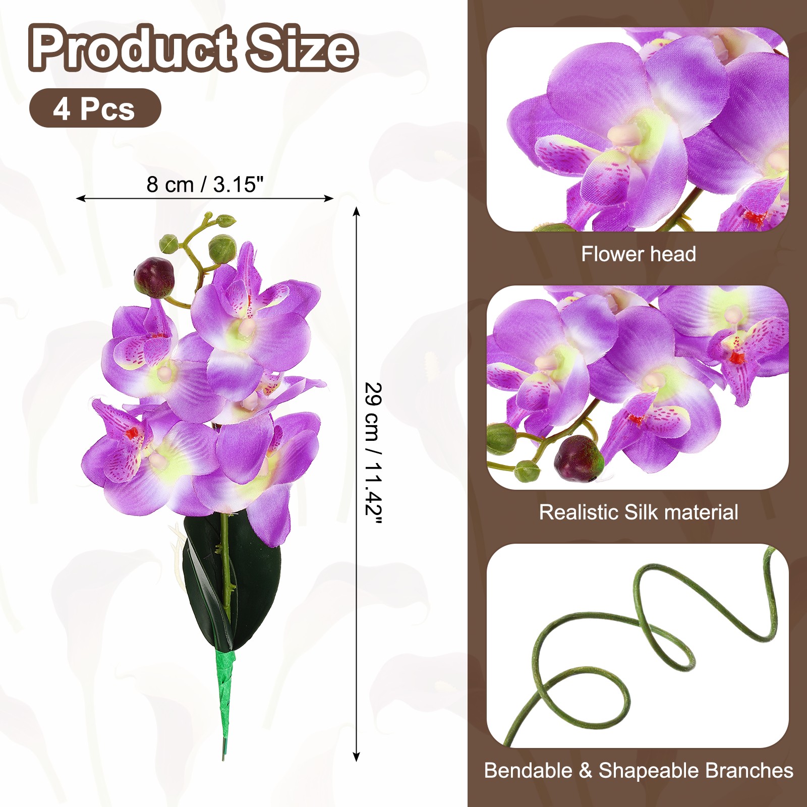 4 Pcs 11 Inch Artificial Phalaenopsis Fake Flowers Real Touch, Purple