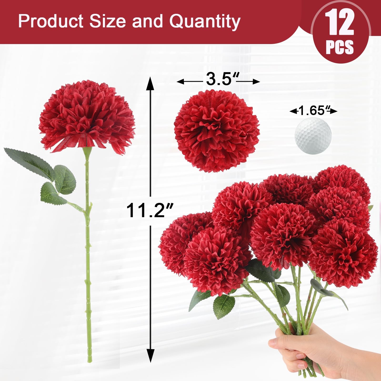 Artificial Chrysanthemums 12 PCS Burgundy Red Fake Mums Silk Flowers