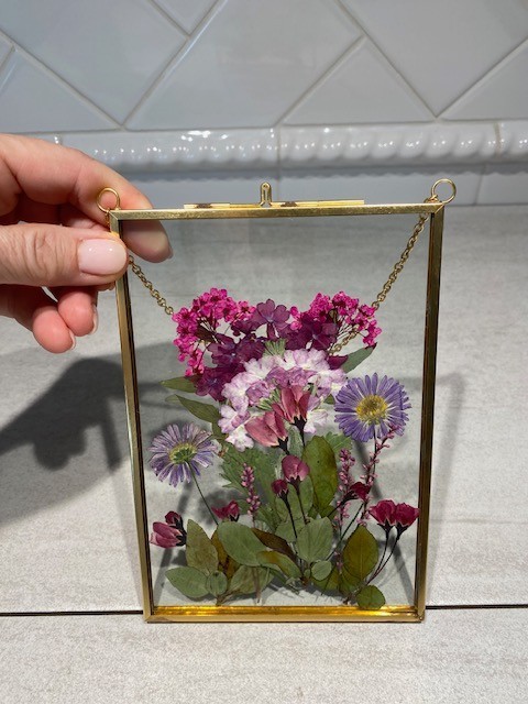 Handmade pressed real dried flowers in brass double glass floating frame