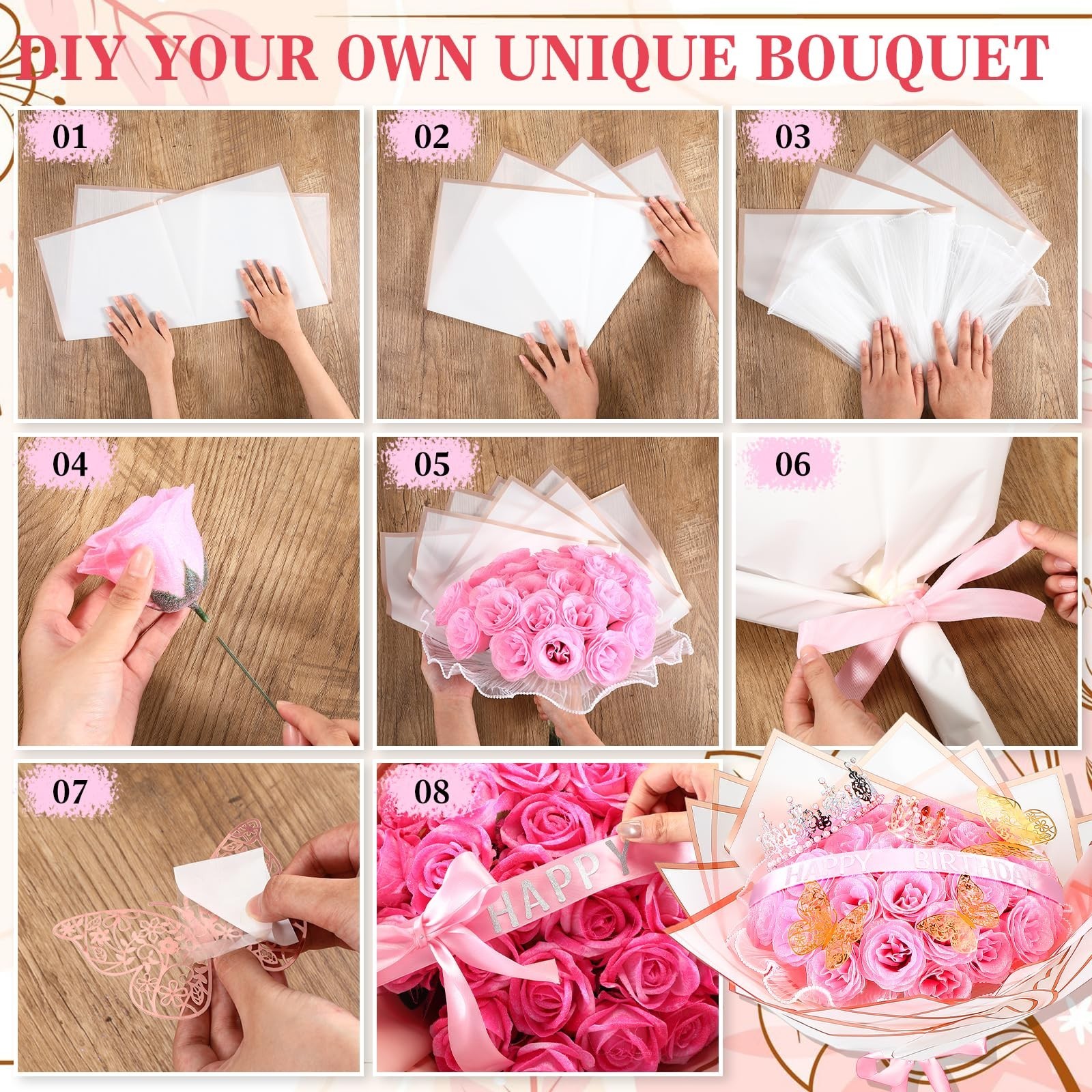 36 Pcs Pink Glitter Roses Bouquet Kit – DIY Flowers, Wrapping Paper & 3D Butterf