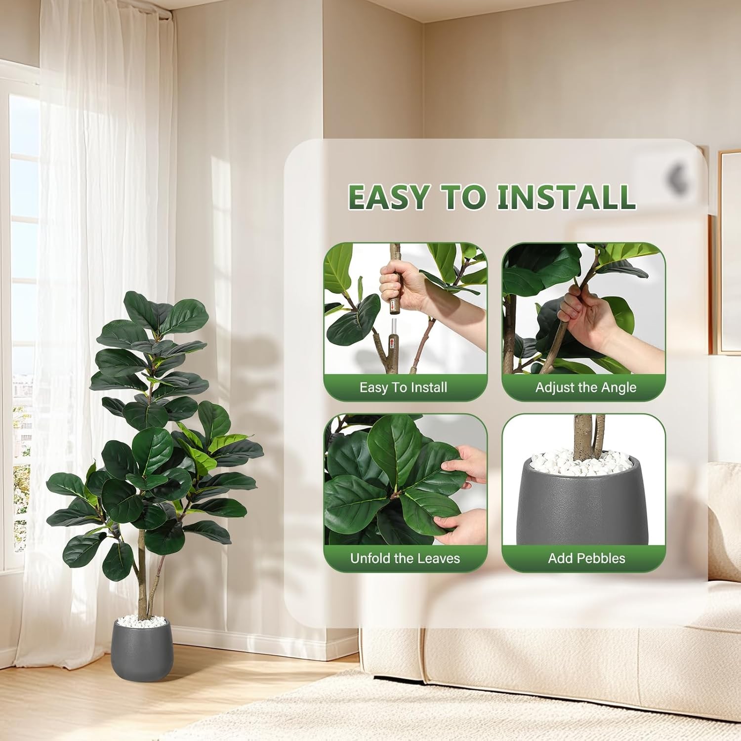 Artificial Fiddle Leaf Tree 4/5/6FT Faux Plant Fake Ficus Lyrata Trees with Pot