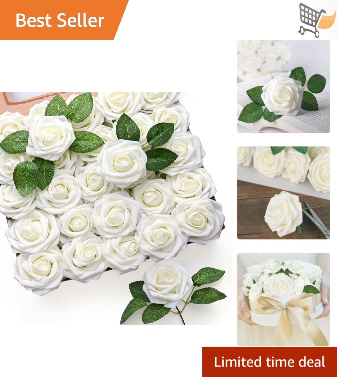 50Pcs Artificial Ivory Roses Floral Decor Wedding Centerpieces DIY Craft