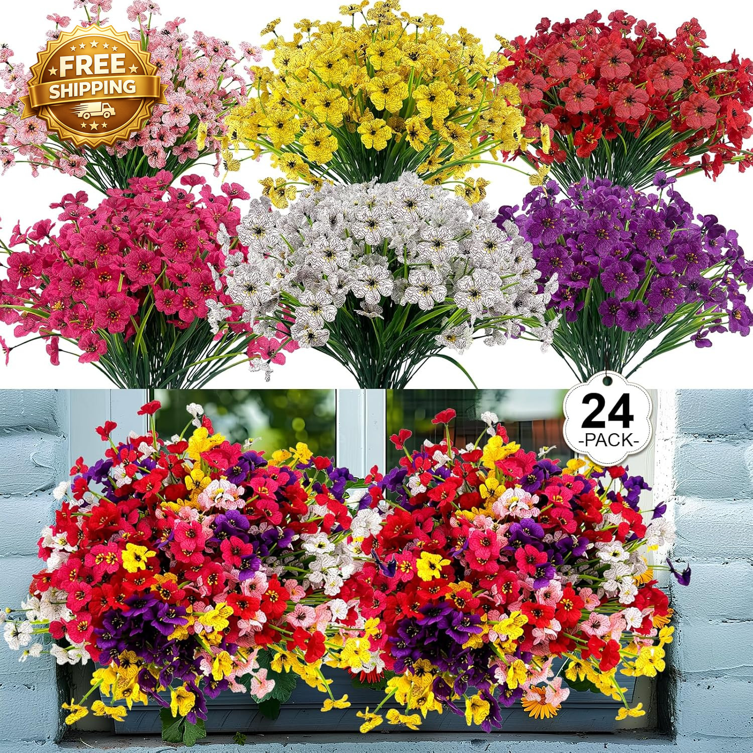24 Pcs (6 Color) UV Resistant Outdoor Artificial Faux Flowers Plants Realistic P